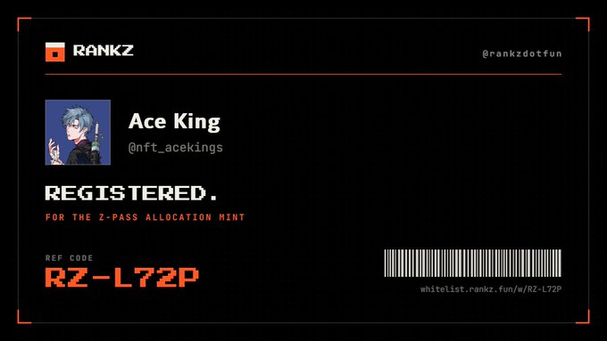 A digital registration certificate from RANKZ confirms that "Ace King" (@nft_acekings) is registered for the Z-Pass allocation mint with reference code RZ-L72P, matching the whitelist link whitelist.rankz.fun/w/RZ-L72P shared in the post.