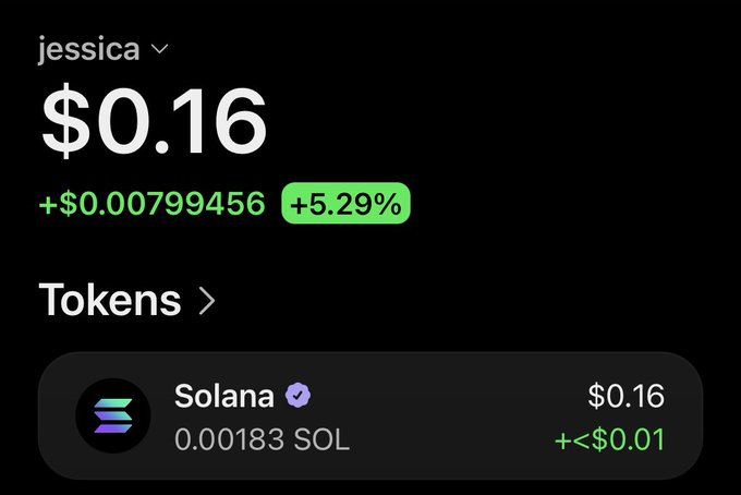 A dark-themed digital wallet screen showing a token named 'jessica' with a value of $0.16, up 5.29%, linked to Solana with a balance of 0.00183 SOL.