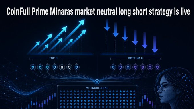 A promotional graphic for 'CoinFull Prime Minaras' describing a market neutral long short strategy, featuring illustrations of upward arrows for 'TOP 8' coins and downward arrows for 'BOTTOM 8' coins across 79 liquid coins.