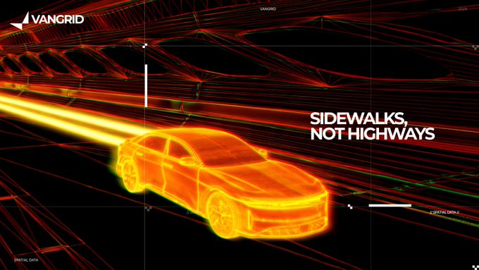 A promotional graphic for VanGrid featuring a glowing orange wireframe car driving through a digital grid environment, with the tagline 'SIDEWALKS, NOT HIGHWAYS'.