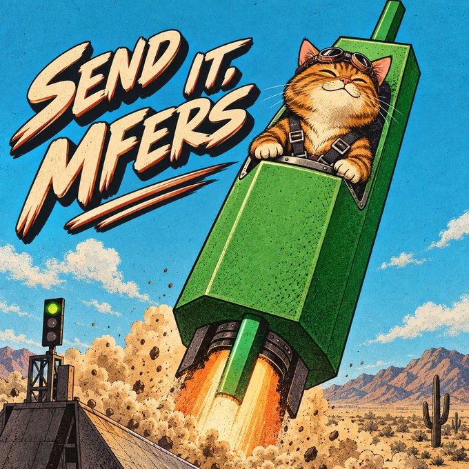 A cartoon-style illustration of a smiling orange cat wearing goggles and a harness, riding a green rocket-like structure that is launching off a ramp in a desert setting, with the text "SEND IT MFERS."