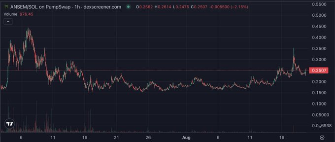 A candlestick chart of ANSEM/SOL on PumpSwap shows the token currently trading at 0.2507, with a 2.15% decline (low of 0.2475, high of 0.2614) and volume of 976.45, illustrating the sideways consolidation pattern that the post references as a strong setup for continued DCA accumulation toward a 500M target.

Visible key text: "ANSEM/SOL on PumpSwap · 1h · dexscreener.com", "O0.2562 H0.2614 L0.2475 C0.2507", "-0.005500 (-2.15%)", "Volume 976.45", "0.2507".