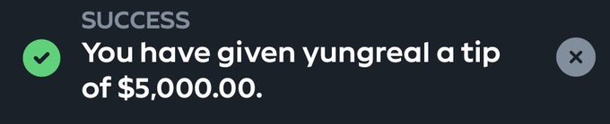 A dark notification banner displays "SUCCESS - You have given yungreal a tip of $5,000.00," confirming the $5,000 tip mentioned in the post as part of a larger acknowledgment of Gamdom support.