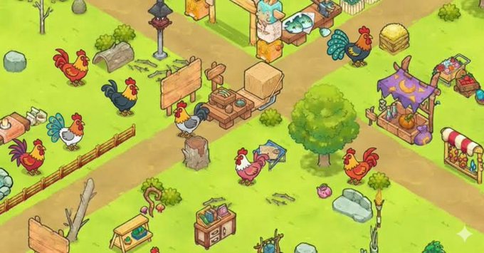 An isometric cartoon screenshot of a farm-themed mobile game featuring colorful roosters, chickens, a market stall, trees, and various farm buildings on a grassy landscape.
