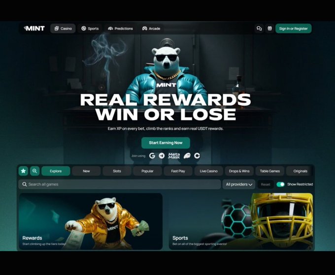 A dark-themed gambling platform homepage features a polar bear mascot in sunglasses and a teal jacket, promoting 'REAL REWARDS WIN OR LOSE' with a 'Start Earning Now' button and categories for Casino, Slots, and Sports.