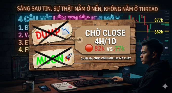 A Vietnamese cryptocurrency thumbnail showing a young trader at his desk, with a wooden sign reading 'CHỜ CLOSE 4H/1D 82k vs 77k' next to crossed-out 'DUMP' and 'MOON' tags, and the headline 'SÁNG SAU TIN. SỰ THẬT NẰM Ở NẾN, KHÔNG NẰM Ở THREAD'.