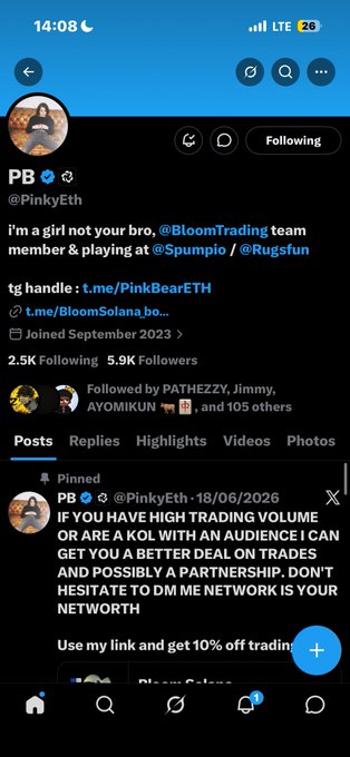 A Twitter/X profile for PB (@PinkyEth), described as a girl and team member of @BloomTrading, with 2.5K Following, 5.9K Followers, and a pinned post offering trading deals for KOLs.