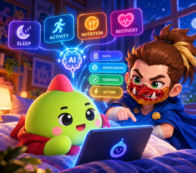 A colorful cartoon illustration featuring a boy with a red oni mask and a green dinosaur-like character on a bed, surrounded by floating holographic icons labeled 'SLEEP', 'ACTIVITY', 'NUTRITION', 'RECOVERY', and AI features like 'DATA', 'UNDERSTANDING', 'GUIDANCE', and 'ACTION'