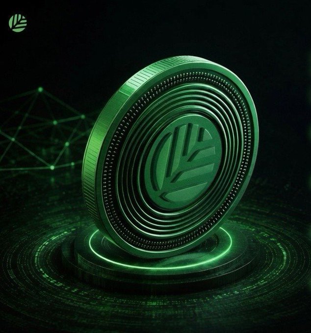 A 3D render of a green cryptocurrency coin with a stylized leaf logo on a glowing circular platform.