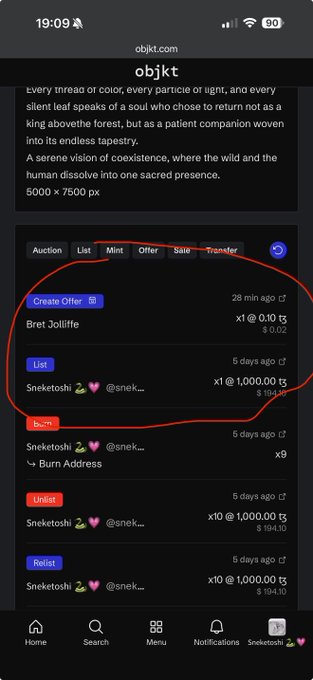 A mobile screenshot of the objkt.com NFT marketplace showing transaction history for "Bret Jolliffe" with offers and listings, circled in red, priced at "0.10 tz" and "1,000.00 tz".
