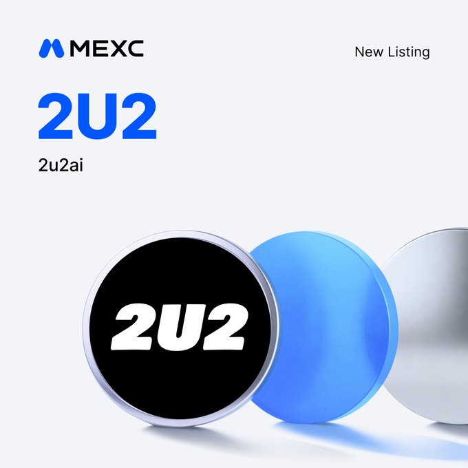 A MEXC "New Listing" promotional graphic announcing the spot trading launch of the 2U2 (2u2ai) token. The design features a sleek logo and 3D circular emblem with the "2U2" branding, aligning with the announcement that 2U2 spot trading officially goes live on Alpha MEXC on August 3rd at 7:00 UTC.