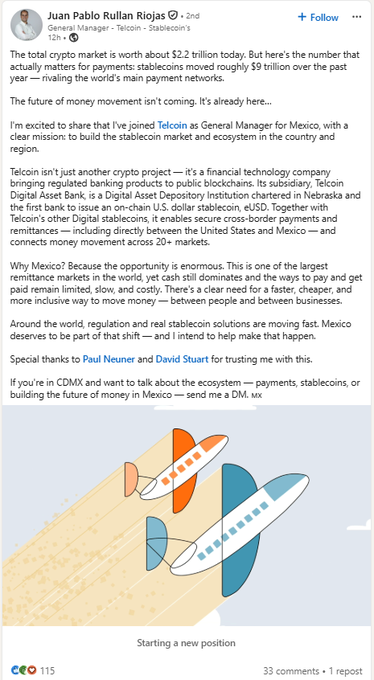 A LinkedIn post from 'Juan Pablo Rullan Riojas' announcing his new position as General Manager for Telcoin in Mexico, featuring an illustration of two airplanes flying over a yellow plane.