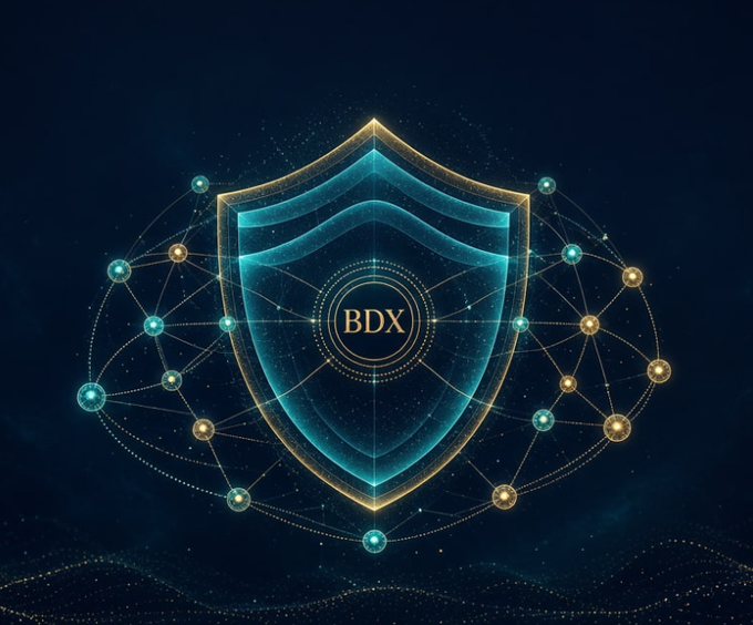 A digital illustration of a glowing blue and gold shield with 'BDX' inscribed in the center, surrounded by a network of interconnected golden orbs on a dark starry background.