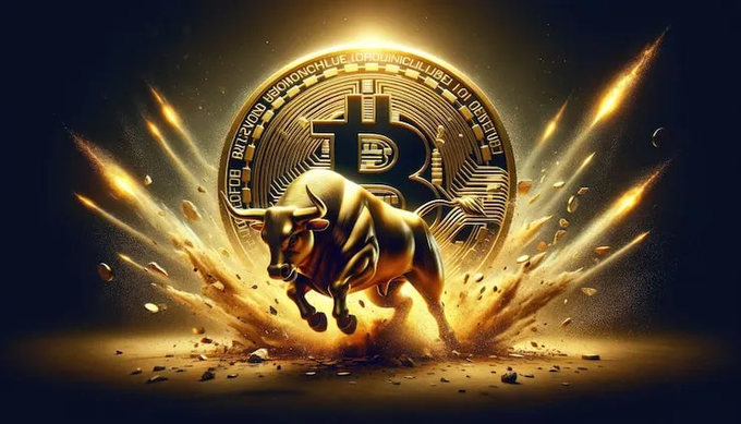 A digital artwork of a golden bull charging forward with explosive energy, set against a backdrop of a large Bitcoin coin, symbolizing a bullish crypto market.