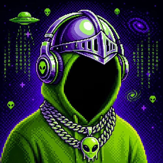 A pixel art illustration of a green-hooded figure with a faceless black void, wearing a purple helmet, large headphones, and silver chains, set against a dark purple background filled with green alien icons, UFOs, and mysterious symbols.