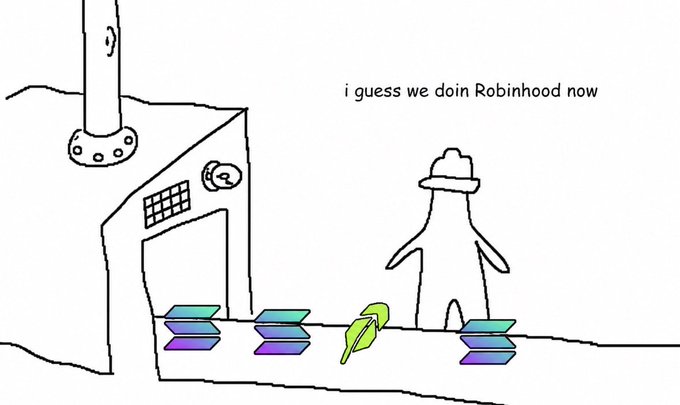 A simple line drawing of a penguin near a snowy building with the text 'i guess we doin Robinhood now', featuring several Solana (SOL) and another cryptocurrency logos overlaid on the scene.