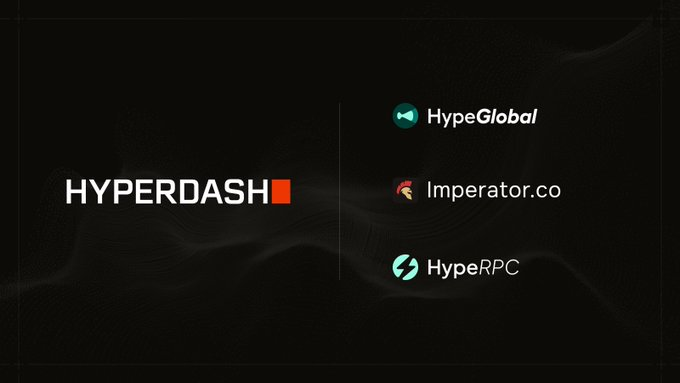 The image displays a black-background graphic featuring the "HYPERDASH" logo on the left, alongside three associated brands on the right: "HypeGlobal," "Imperator.co," and "HypeRPC." This visual illustrates Hyperdash's recent acquisition of Imperator and its subsidiary brands (HypeRPC and HypeGlobal), reinforcing its expanding infrastructure role within the Hyperliquid ecosystem.