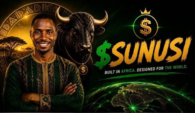 A confident man smiles alongside a fierce bull, with "$SUNUSI - BUILT IN AFRICA. DESIGNED FOR THE WORLD." emblazoned next to an African map under a dollar-sign crown, visually embodying the post's call to rally as "The AFRICAN Bull."