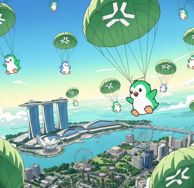 The image features a cartoon-like scene of penguins flying through the sky, with several green parachutes attached to them. The cityscape below includes buildings such as the Marina Bay Sands hotel, which can be seen in the background. The text "just cooked up Abstract Weekly for you guys get all the latest news on @AbstractChain every monday morning EST turn on notifications to know when it goes live!" suggests that this image is part of a series or collection of related content, possibly intended to provide viewers with interesting and engaging visual content.