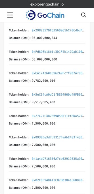 A mobile web view of 'explorer.gochain.io' displaying a list of the top token holders and their OMI balances, including large holdings of 30,000,000,000 and 30,000,000,044.