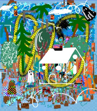 Another version of the colorful digital artwork shows the same palm trees, yellow swirls, house, and ghost, but with a lighter blue background and additional numerical overlays like '52' and '54'.