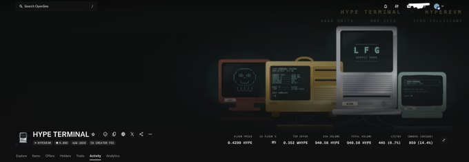 A website interface for 'HYPE TERMINAL' displaying information about Hyperliquid's LFG Supply Vault with market data including price, volume, open interest, and funding rate.