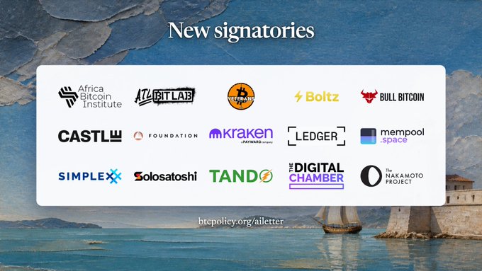 A 'New signatories' graphic for a Bitcoin/crypto policy letter (btcpolicy.org/ailetter), displaying logos of 15 companies including Africa Bitcoin Institute, BitLab, Boltz, Bull Bitcoin, Castle, Foundation, Kraken, Ledger, mempool.space, SimpleX, Solosatoshi, Tando, The Digital Chamber, and The Nakamoto Project.