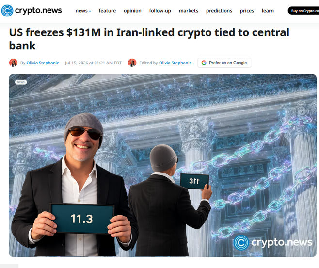 A crypto.news article headline reads "US freezes $131M in Iran-linked crypto tied to central bank," accompanied by an image showing two men in suits and beanies holding signs reading "11.3" and "3ft" in front of a Greek-columned building wrapped in glowing blue chains, symbolizing the freezing of crypto assets linked to Iran's Central Bank as mentioned in the accompanying post about Tether's role in freezing nearly $1 billion in Iranian crypto.