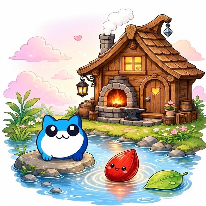 A blue cat sits contentedly on a rock beside a tranquil pond, while a smiling red seed and a single green leaf float on the water near a cozy cottage with a glowing forge. The image evokes the post's theme of quiet stewardship and gentle rhythms—the cat as the "hands that stayed," the leaf as a lingering presence, and the warm forge and reflective pond embodying memory and steady care.