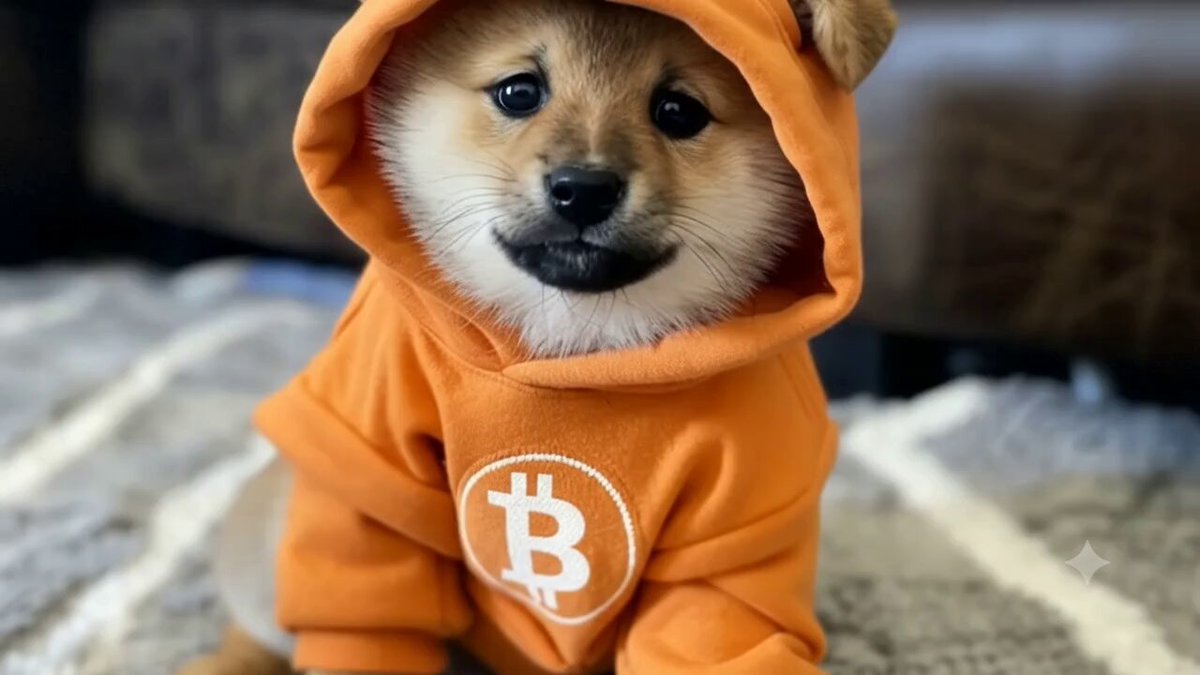 The image features a small brown dog wearing an orange hoodie with a white Bitcoin symbol on it, sitting on a gray rug or carpeted floor. The dog appears to be posing for the photo while wearing its unique attire.