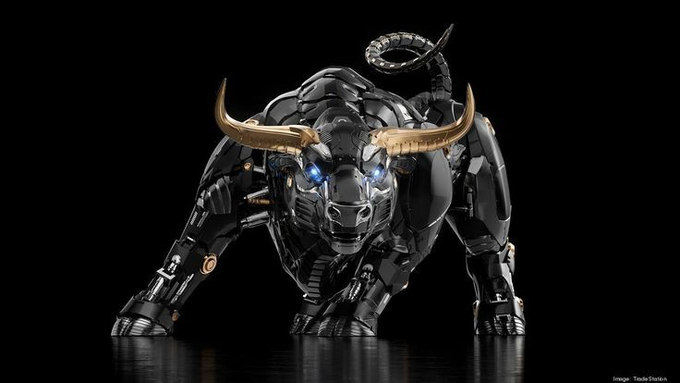 A robotic bull with glowing blue eyes and gold horns stands ready to charge against a black background, with small text in the bottom right reading "Image: Tesla Stadium." The image's powerful charging bull visually reinforces the post's bullish message about @BullPadOfficial's ecosystem-first launchpad model powered by $Ansem.
