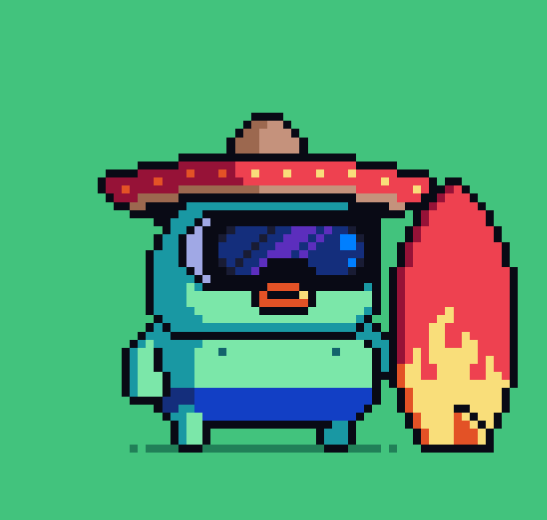 A pixel art character with teal skin wearing a sombrero, sunglasses, and blue swim trunks holds a red and yellow surfboard against a solid green background.