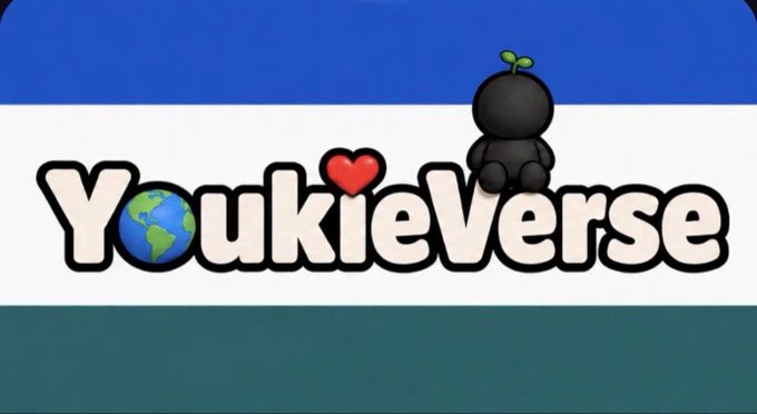 Logo for 'YoukieVerse' featuring a cute black character with a sprout on its head and a heart above the 'i', set against blue, white, and teal stripes.