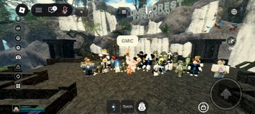 Screenshot from a Roblox game called 'RESORT ISLAND' showing a group of player avatars gathered at an entrance labeled 'GMC'.
