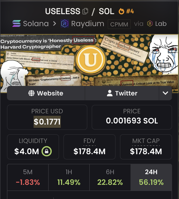 The image shows a cryptocurrency tracking dashboard for the token "USELESS" (#4) on Solana via Raydium CPMM Lab, priced at $0.1771 (0.001693 SOL) with a $4.0M liquidity and $178.4M market cap, showing strong gains of 11.49% (1H), 22.82% (6H), and 56.19% (24H) despite a -1.83% drop over 5 minutes. The post reinforces the poster's earlier bullish call on $USELESS, using its substantial 24-hour surge as proof that focusing on quality tokens over chasing quantity was the winning strategy this cycle.
