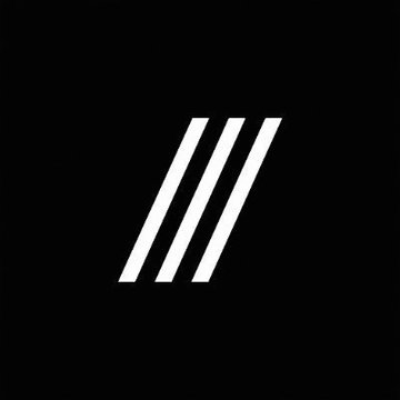 A minimalist black background featuring three diagonal white and gray stripes resembling a stylized letter 'M' or abstract logo design.
