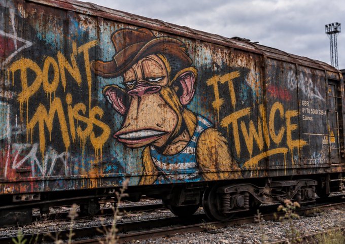 A graffiti-covered train car features a cartoon monkey wearing a cowboy hat with the bold yellow spray-painted text "DONT MISS IT TWICE" framing its face, reinforcing the post's urgency that "it's not too late to be early" by warning viewers not to miss their whitelist opportunity at LiquidApes.com twice.