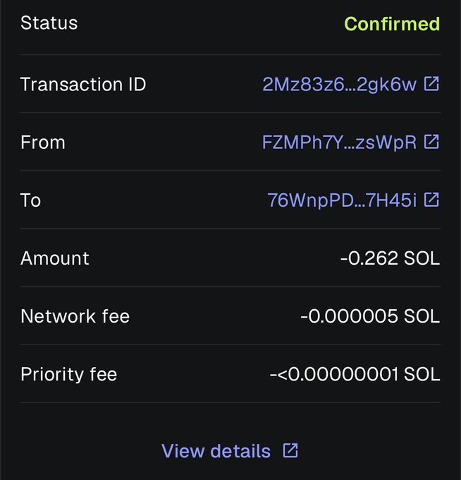 A screenshot of a confirmed Solana blockchain transaction showing -0.262 SOL (approximately $20) transferred from address FZMPh7Y...zsWpR to 76WnpPD...7H45i, with negligible network and priority fees, verifying the $20 reward claimed in the post.