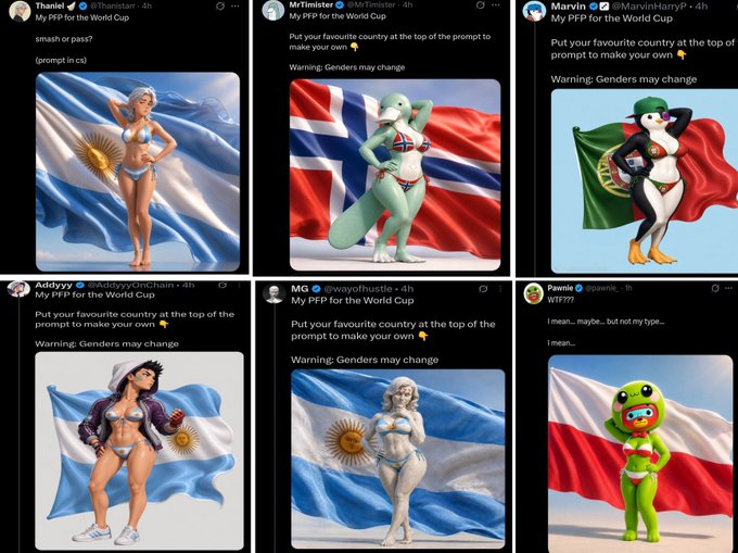 A collage of Twitter/X posts showing AI-generated 'PFP for the World Cup' images featuring various country-themed anthropomorphic characters (Argentina, Iceland, Portugal, others) created for the FIFA World Cup.