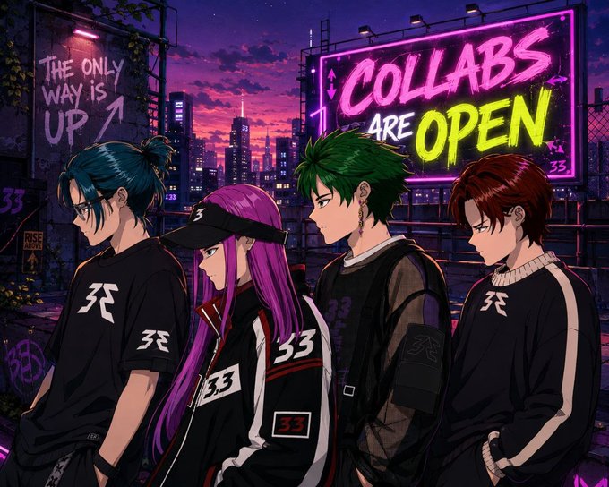 Four anime-style characters stand in a row against a neon-lit cityscape at dusk, wearing matching black outfits adorned with the "33" logo, beneath a glowing pink "COLLABS ARE OPEN" sign and a wall reading "THE ONLY WAY IS UP," visually promoting the THR33 collective's open collaboration announcement.