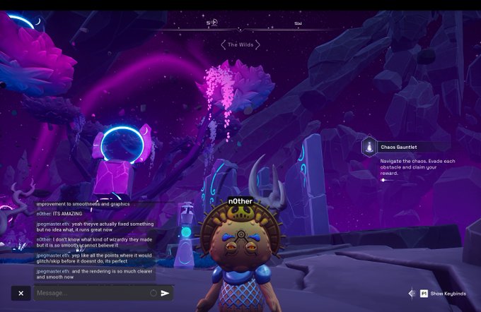The image shows a video game screen with a character wearing a blue shirt standing next to a purple rock formation, possibly an alien-like creature or a dragon. The background of the scene features a purple sky filled with floating pink flowers, creating a visually appealing and immersive gaming environment. The text on the screen reads "Focus on what is in the image and how it relates to the post", indicating that the player's attention should be directed towards the character and their surroundings within the game.