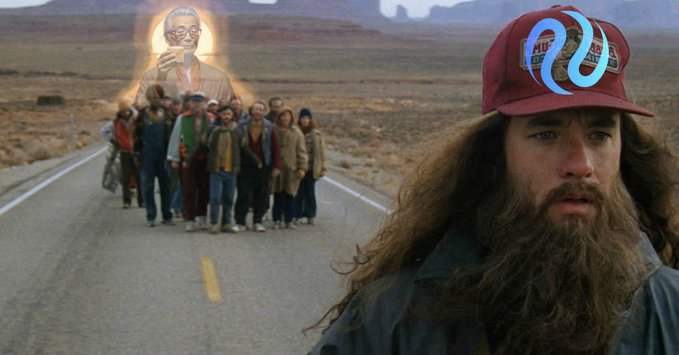 A meme-style image featuring a long-haired bearded man in a maroon cap in the foreground, while behind him a group walks down a desert highway followed by a glowing apparition of Colonel Sanders.
