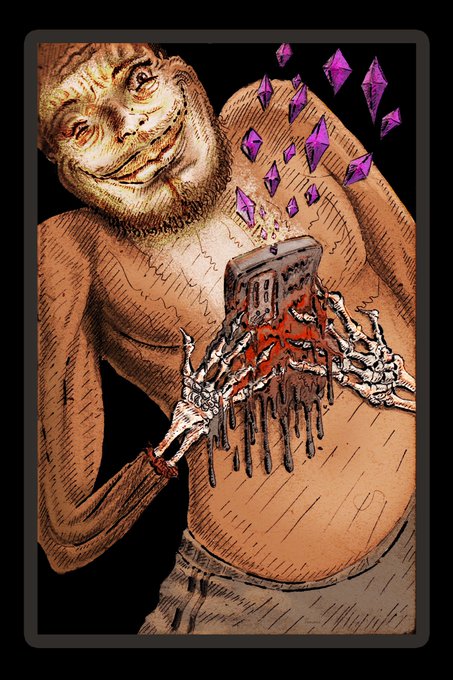 A surreal digital illustration of a sinister-looking creature with a human-like face holding a red, dripping smartphone, with purple crystal shards emerging from the top of the device.