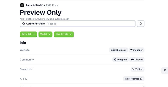 A cryptocurrency price page on a tracking website showing 'Axis Robotics (AXIS)' marked as 'Preview Only' with links to their website, Telegram, Discord, and Twitter.