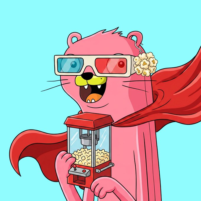 A cartoon illustration shows a pink bear-like character wearing 3D glasses and a red cape, holding a red popcorn machine and a piece of popcorn.