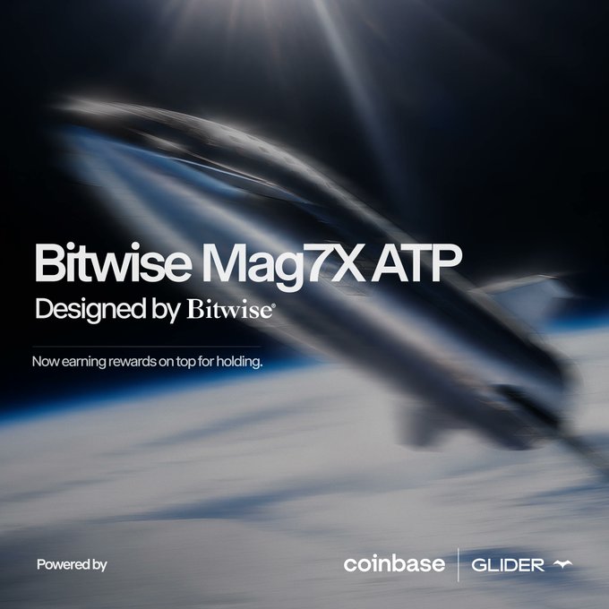 A dynamic promotional image for "Bitwise Mag7X ATP," featuring a blurred, fast-moving object over a cloud/space backdrop, with text reading "Now earning rewards on top for holding" and "Powered by coinbase | GLIDER" — illustrating the high-growth tech portfolio of the Magnificent 7 plus SpaceX, now offering 10% rewards for holding.