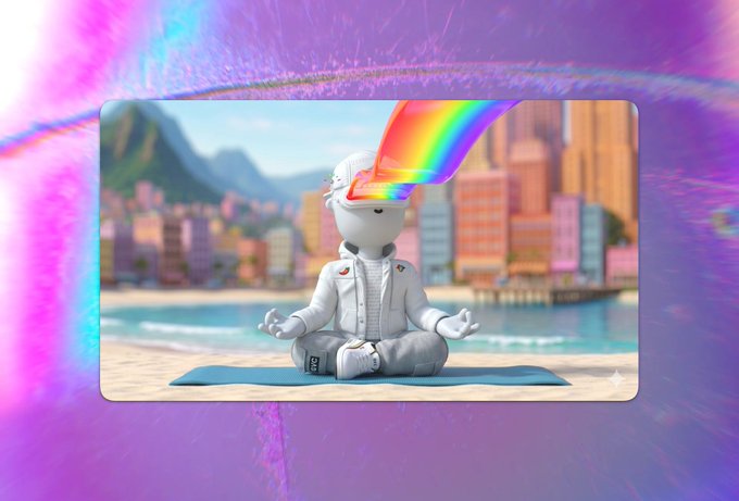 A 3D rendered white robot wearing an astronaut-style jacket meditates in a lotus pose on a beach mat with a colorful city skyline behind it; a rainbow beam streams out from its head area, all framed by a pink/purple iridescent border.