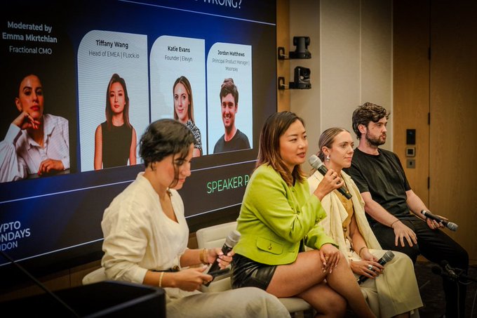 A panel discussion at an event features four speakers seated on stage, including Tiffany Wang (Head of EMEA, Fluence), Katie Evans (Founder, Ekyn), and Jordan Matthews (Principal Product Manager, Morpho), moderated by Emma Mkrtchian (Fractional CMO), as displayed on the screen behind them. The image complements the post's discussion of AI agents and crypto payments by showing industry leaders exploring the intersection of these emerging technologies, where stablecoins, x402 protocol, and agent-owned wallets are poised to enable cross-organizational economic activity.