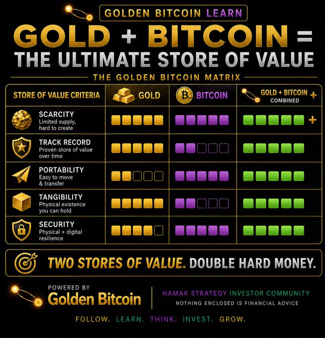 An infographic titled "Golden Bitcoin Learn" presents a matrix comparing Gold, Bitcoin, and Gold + Bitcoin Combined across five store of value criteria—Scarcity, Track Record, Portability, Tangibility, and Security—with the combined column scoring highest in each. The visual supports the post's message that pairing gold and bitcoin creates "the ultimate store of value," and is credited to the Hamak Strategy Investor Community with the disclaimer that nothing enclosed is financial advice.