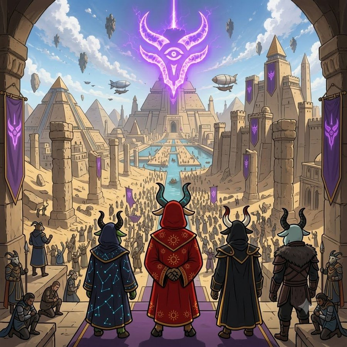 Anime-style fantasy illustration of four horned figures in robes standing on a stone staircase overlooking a desert city with pyramids, crowds, and a large glowing purple horned emblem in the sky.